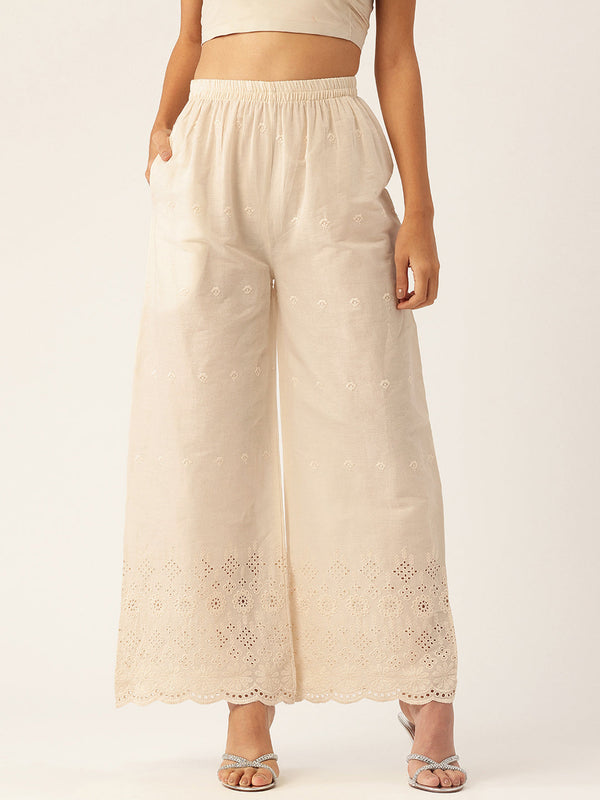 Beige Palazzos | Embroidered Elegnace With Elastic Waist & Single Pocket
