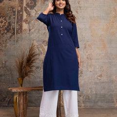 Women’s Solid Long Kurti with Mandarin Collar, 3/4 Sleeves & Pocket | Plain Elegant Cotton Kurta for Daily & Office Wear