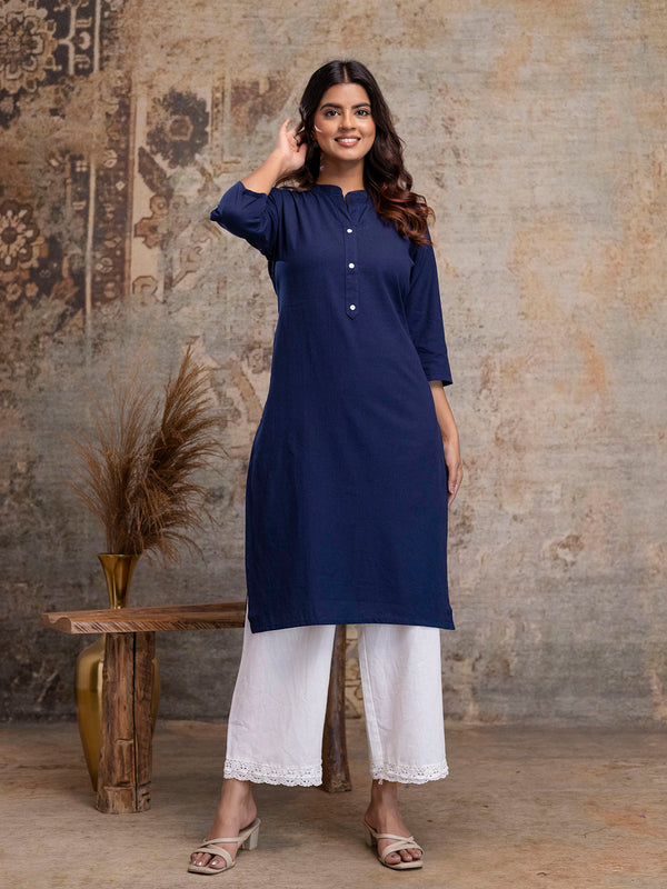 Women’s Solid Long Kurti with Mandarin Collar, 3/4 Sleeves & Pocket | Plain Elegant Cotton Kurta for Daily & Office Wear