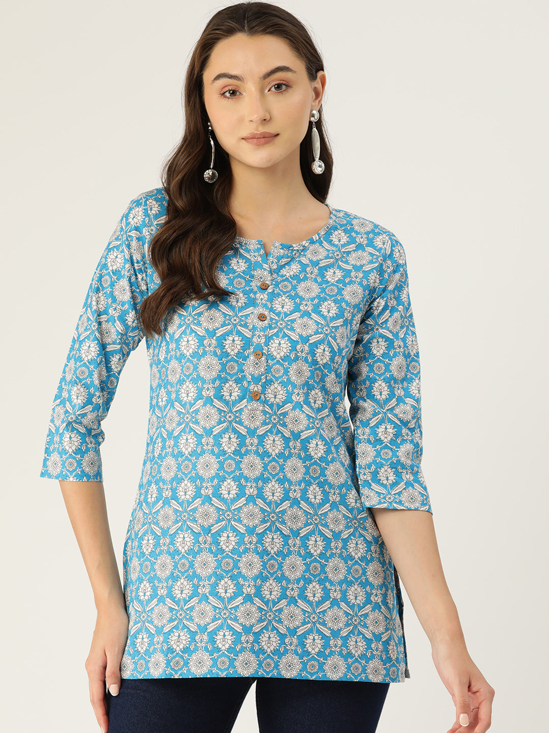 Floral Print 4 Button Straight Kurti FRKT6463