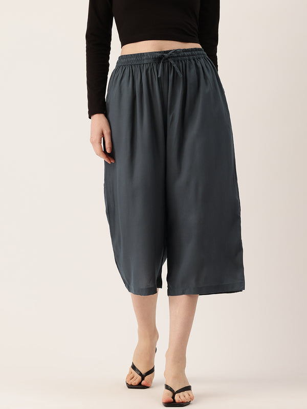 Women's Culottes | Calf-Length Pants with Double Pockets & Elastic Waistband