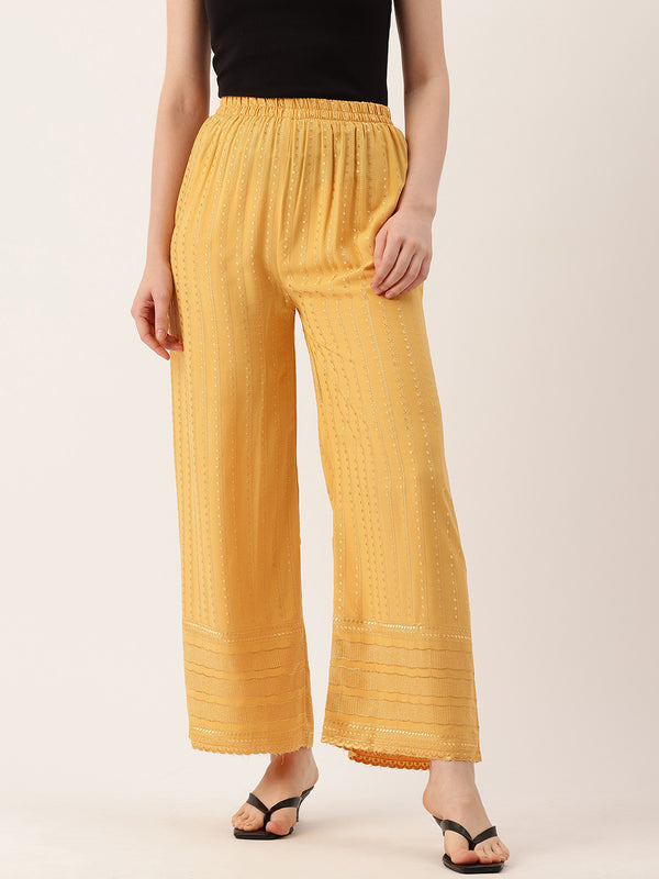yellow Yellow Embroidered Cotton Palazzos–Elastic Waist & Ankle-Length with Side Pocket