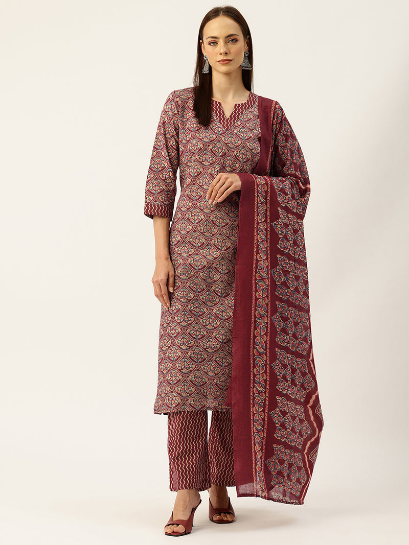 Round V-Cut Neck 3-Piece Kurta Set with Ankle-Length Pants & Full-Length Dupatta (Size S-XXL).