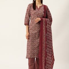 Round V-Cut Neck 3-Piece Kurta Set with Ankle-Length Pants & Full-Length Dupatta (Size S-XXL).
