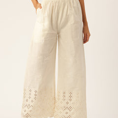 Beige Palazzos | Embroidered Elegnace With Elastic Waist & Single Pocket