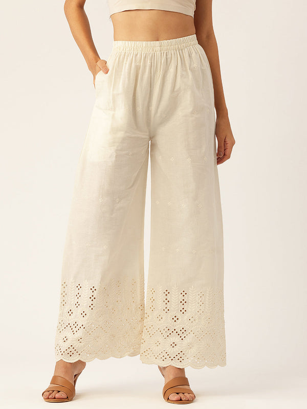 Beige Palazzos | Embroidered Elegnace With Elastic Waist & Single Pocket