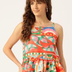 Cropped Sleeveless strap Peplum top with digital print on linen fabric.| Size- Small| Colour - Red, Mustard, Green, Pink