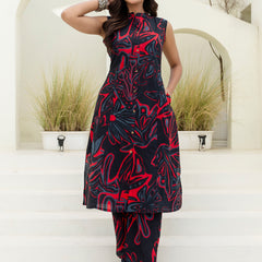 Luxury Mandarin Collar Printed Co-Ord Set with Button Detail A-Line Kurta & Comfort Fit Pants
