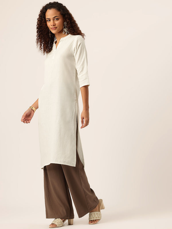Women’s Solid Long Kurti with Mandarin Collar, 3/4 Sleeves & Pocket | Plain Elegant Cotton Kurta for Daily & Office Wear