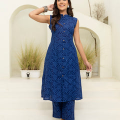 Luxury Mandarin Collar Printed Co-Ord Set with Button Detail A-Line Kurta & Comfort Fit Pants