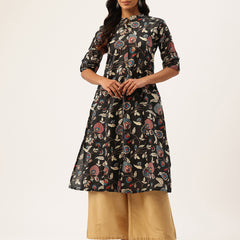 Elegant A-Line Long Kurta for Women - Mandarin Collar with Button Detailing
