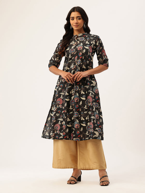 Elegant A-Line Long Kurta for Women - Mandarin Collar with Button Detailing