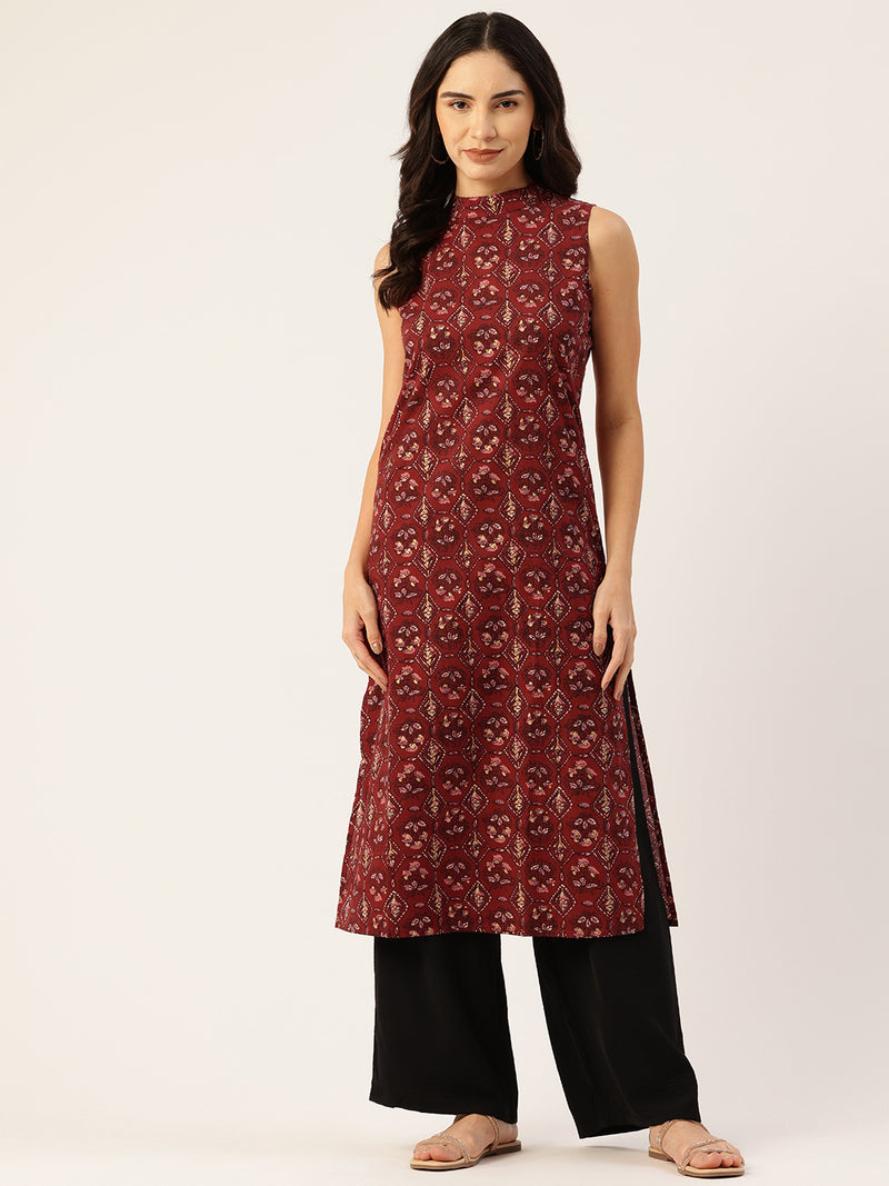 Women’s Pure Cotton Angrakha Kurti with Floral Print | 3/4 Sleeves | Adjustable Side Tie | Sizes S–XXL