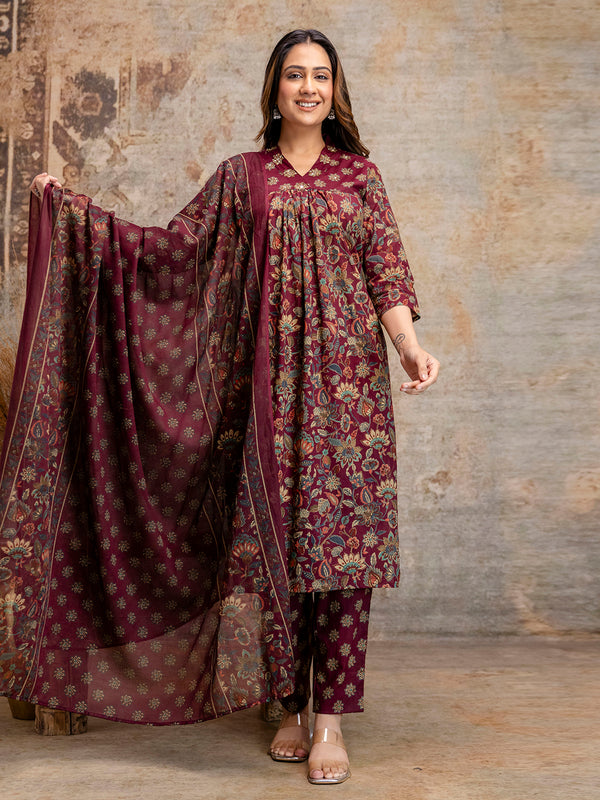 Pure Cotton Maroon V-Neck 3-Piece Kurta Set with Printed Dupatta