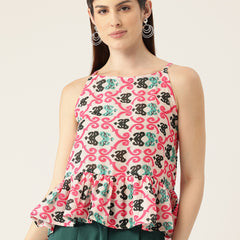 Cropped Sleeveless strap Peplum top with digital print on linen fabric.| Size- Small| Colour - White, Pink, Green
