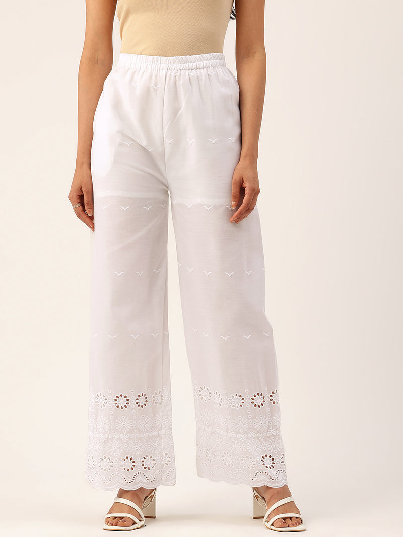 White Embroidered Palazzos–Fully Lined, Elastic Waist & Ankle-Length with Side Pocket