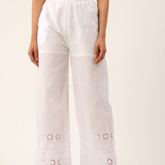 White Embroidered Palazzos–Fully Lined, Elastic Waist & Ankle-Length with Side Pocket