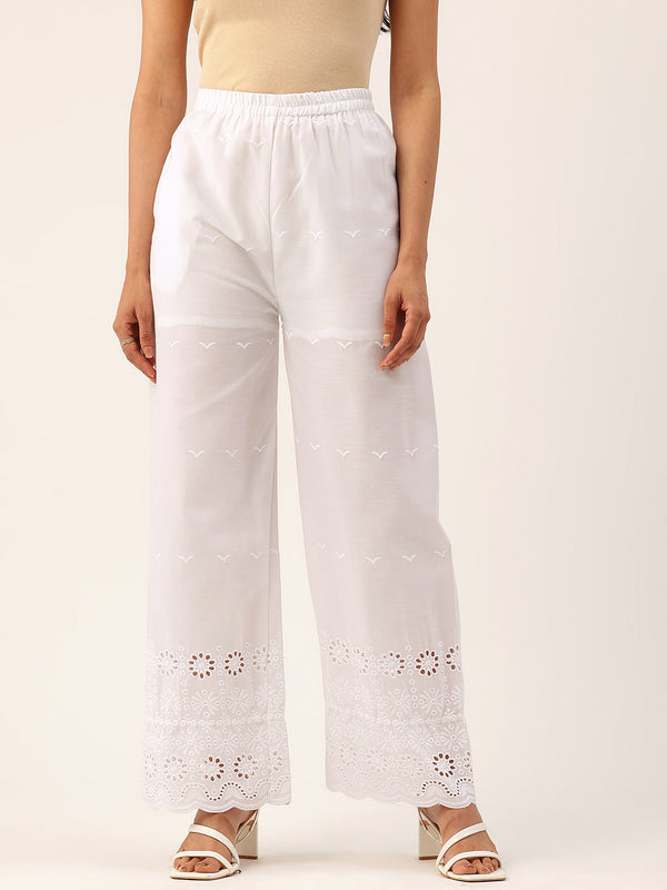 White Embroidered Palazzos–Fully Lined, Elastic Waist & Ankle-Length with Side Pocket