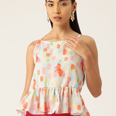 Cropped Sleeveless strap Peplum top with digital print on linen fabric.| Size- Small| Colour - Pink, Red, Aqua