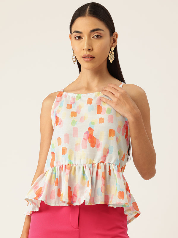 Cropped Sleeveless strap Peplum top with digital print on linen fabric.| Size- Small| Colour - Pink, Red, Aqua