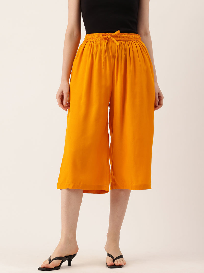 Women's Culottes | Calf-Length Pants with Double Pockets & Elastic Waistband