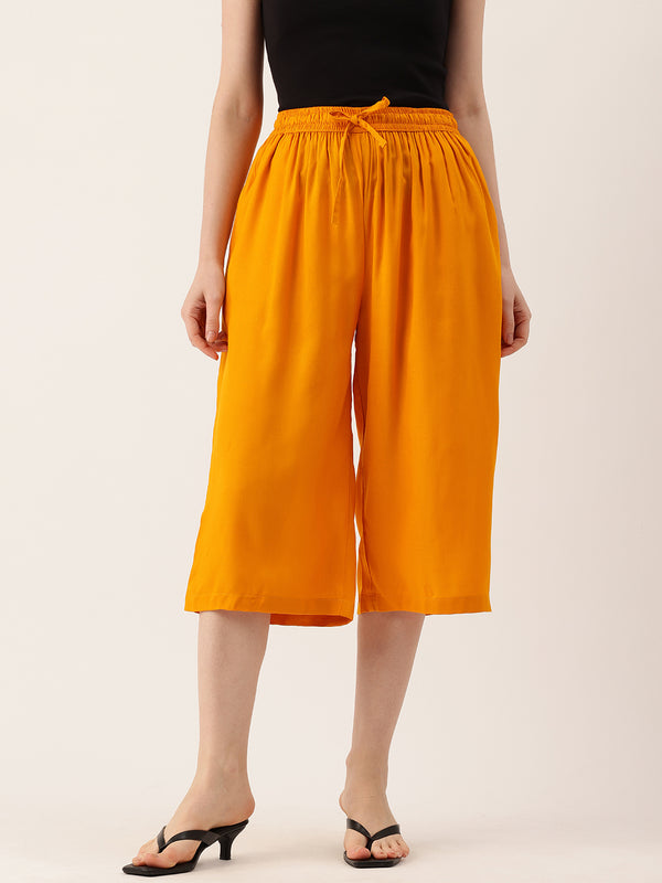 Women's Culottes | Calf-Length Pants with Double Pockets & Elastic Waistband