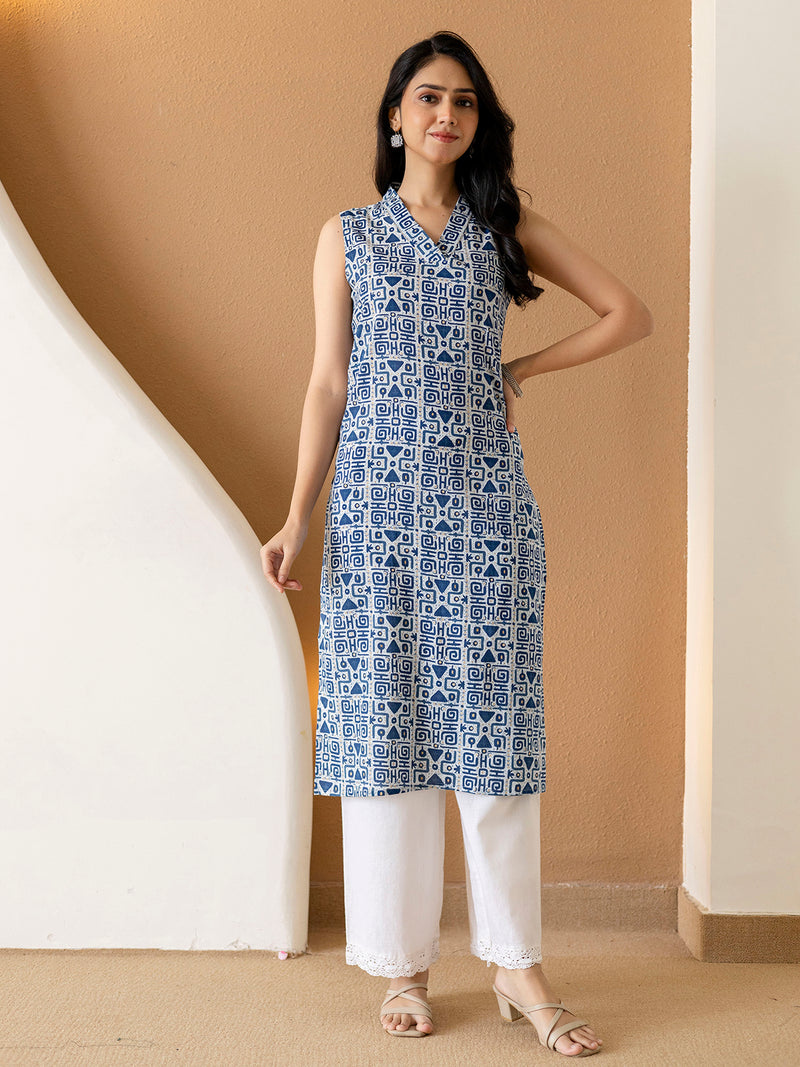 Elegant Sleeveless Cotton Printed Straight Kurta with Refined V-Neckline
