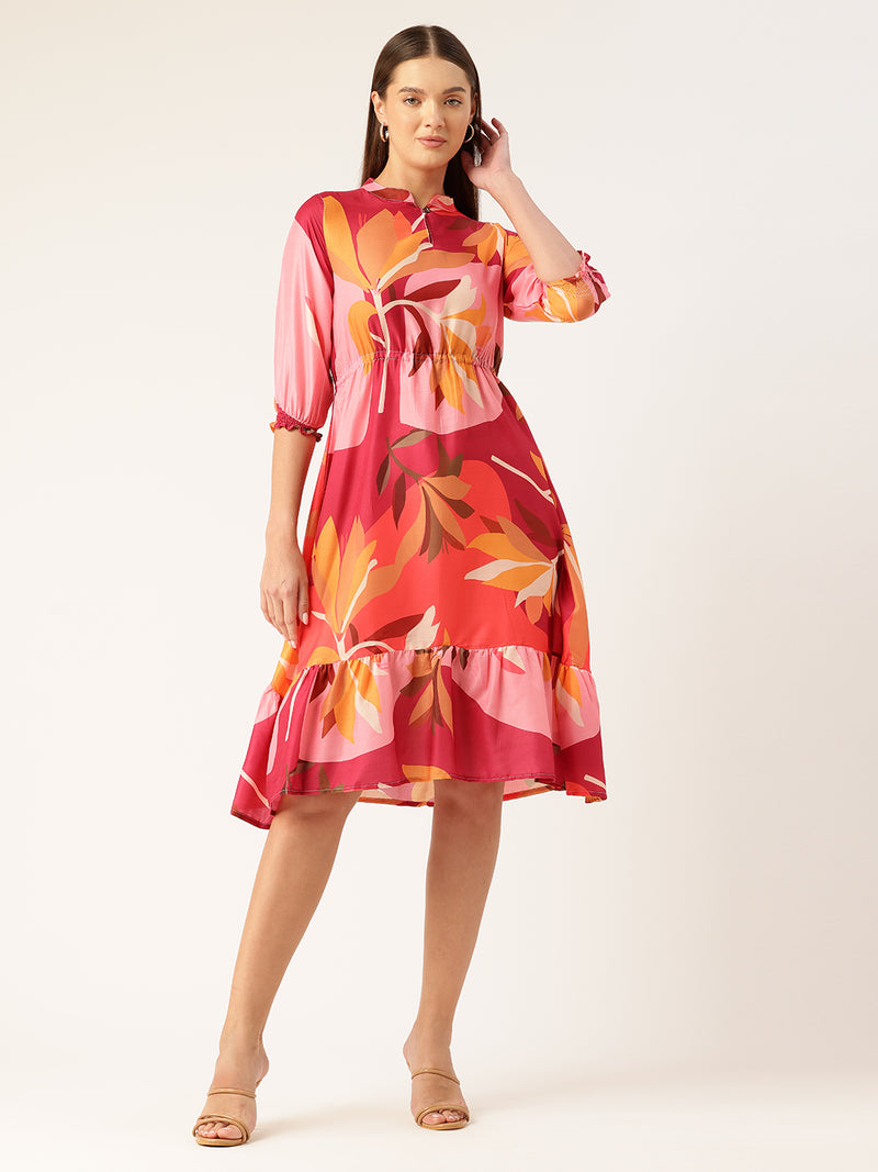 Women’s Multi-Color Muslin Floral Dress with Mandarin Collar & 3/4 Smocked Sleeves