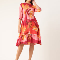 Women’s Multi-Color Muslin Floral Dress with Mandarin Collar & 3/4 Smocked Sleeves