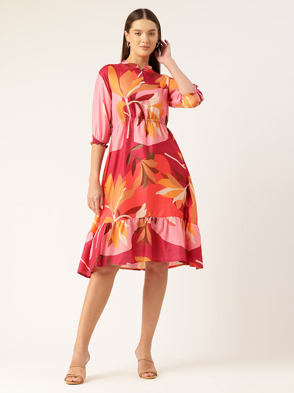 Women’s Multi-Color Muslin Floral Dress with Mandarin Collar & 3/4 Smocked Sleeves