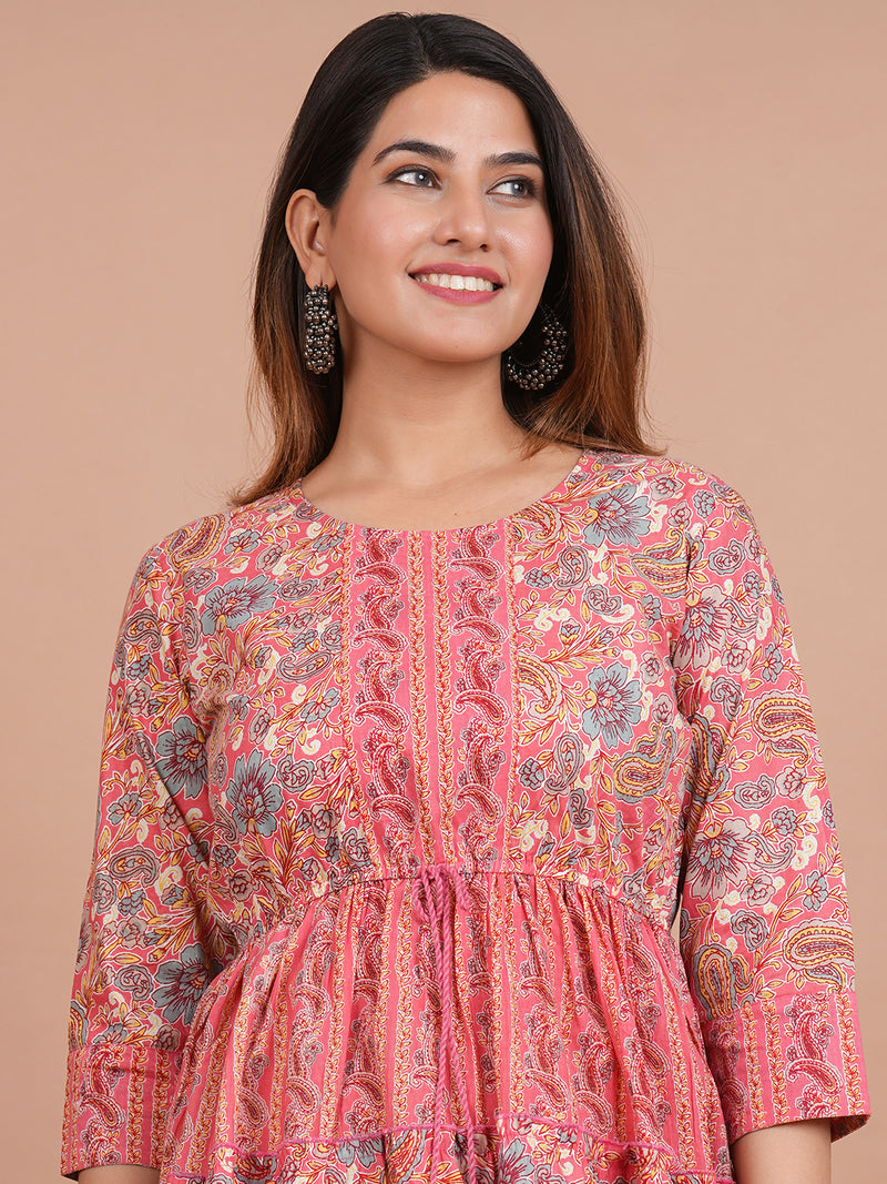 Floral Cotton Flared Dress (S–XXL | 3/4 Sleeves) – Breezy Comfort with Feminine Flow