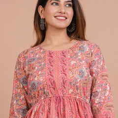 Floral Cotton Flared Dress (S–XXL | 3/4 Sleeves) – Breezy Comfort with Feminine Flow