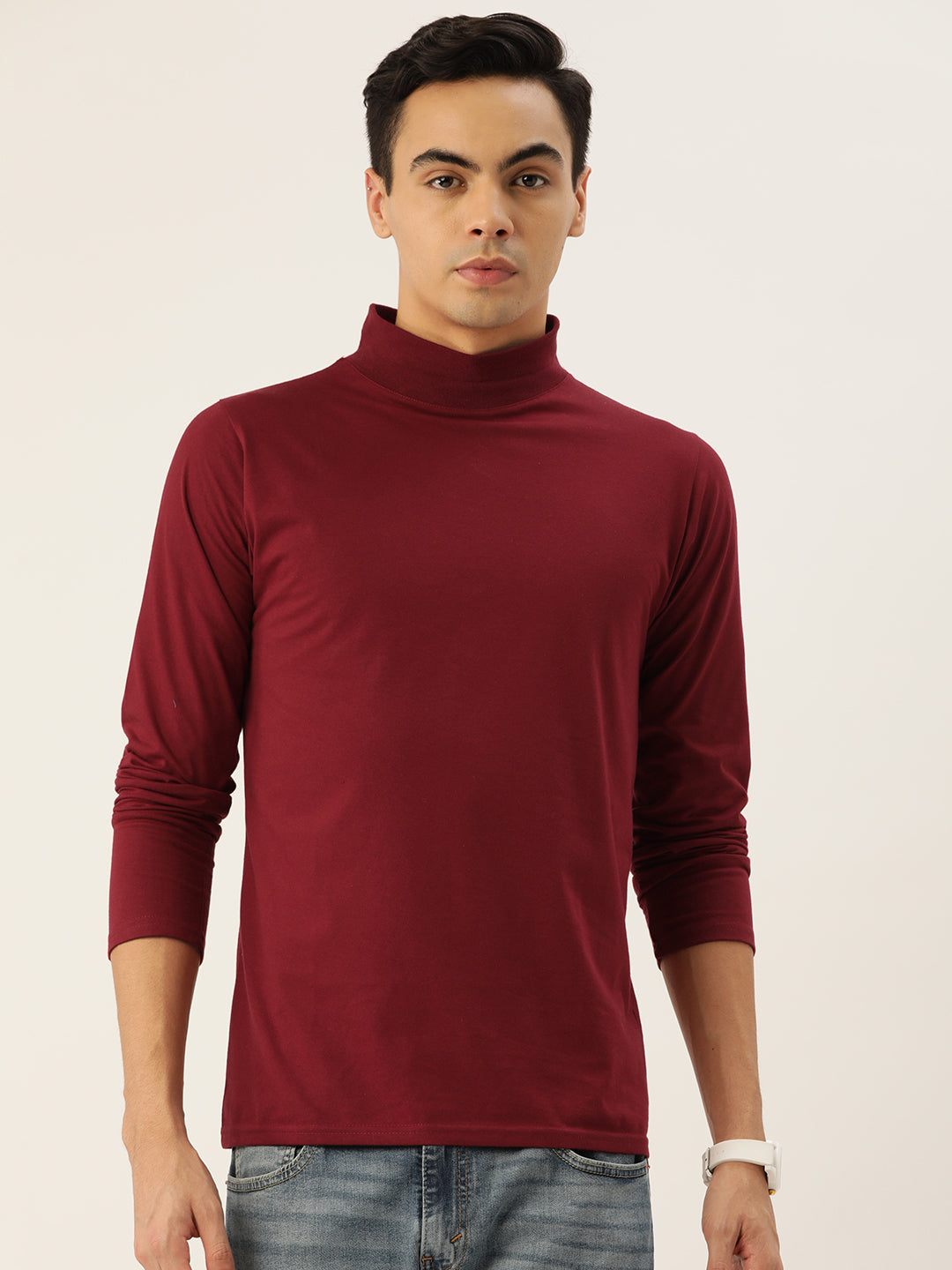 Men Maroon High Neck Bio Finish T-Shirt