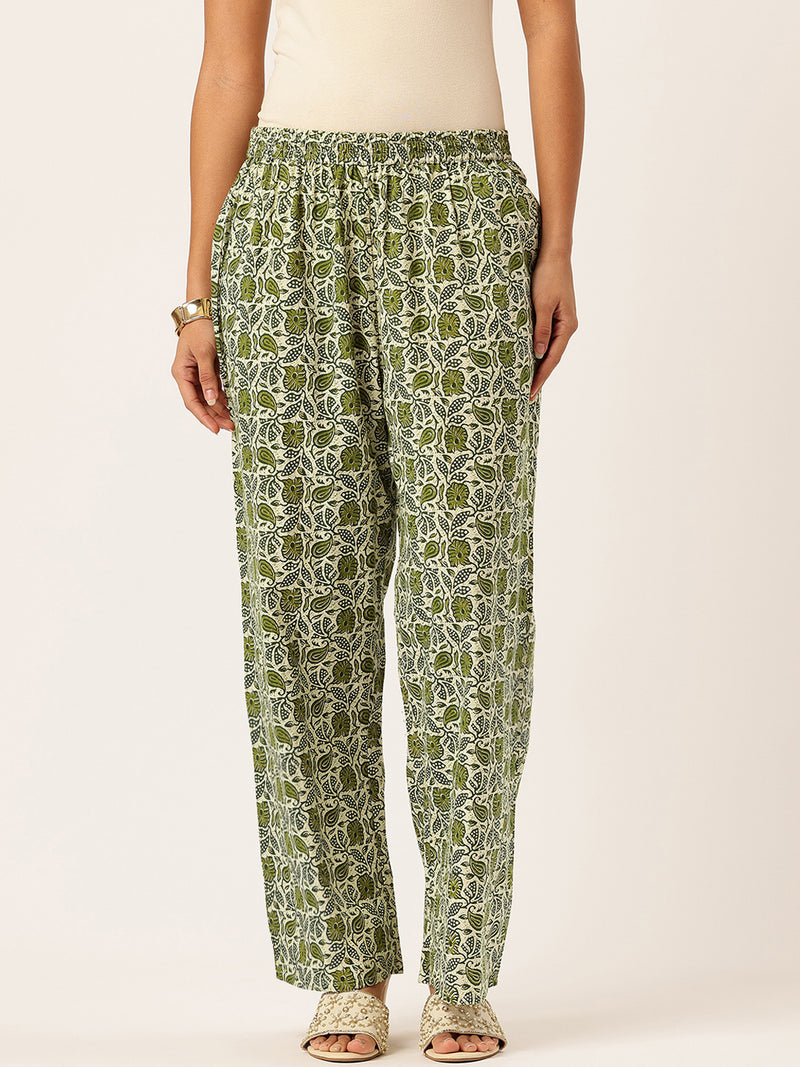 Green Women Pure Cotton Paisley Printed Palazzo Pants | Elastic Waist | Wide Leg