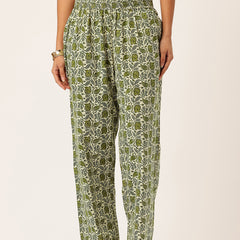 Green Women Pure Cotton Paisley Printed Palazzo Pants | Elastic Waist | Wide Leg