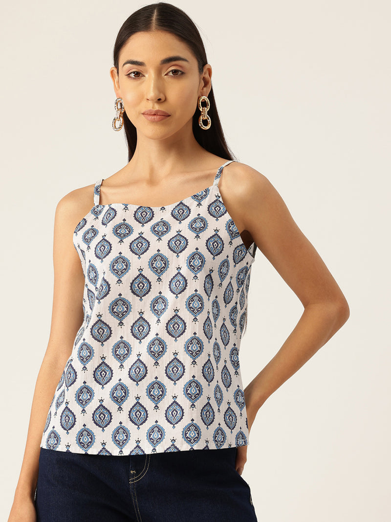 Relaxed fit strappy sleeveless top digitally printed on linen fabric.  | Size- Small  |  Colour - White, Blue