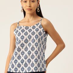 Relaxed fit strappy sleeveless top digitally printed on linen fabric.  | Size- Small  |  Colour - White, Blue