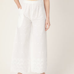 White White Embroidered Cotton Palazzos–Elastic Waist & Ankle-Length with Side Pocket