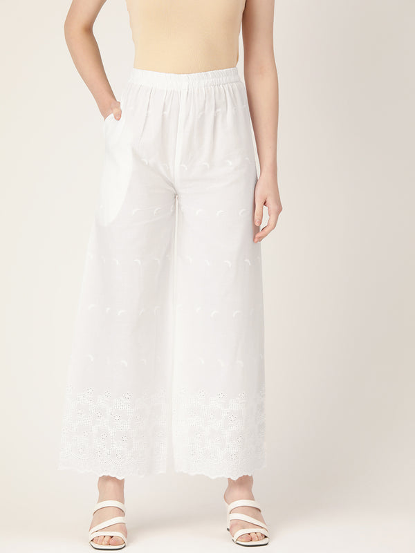 White White Embroidered Cotton Palazzos–Elastic Waist & Ankle-Length with Side Pocket