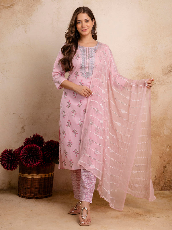 Pure Cotton Pink Embroidered Round-Neck 3-Piece Kurta Set with Printed Dupatta (MÐ3XL)