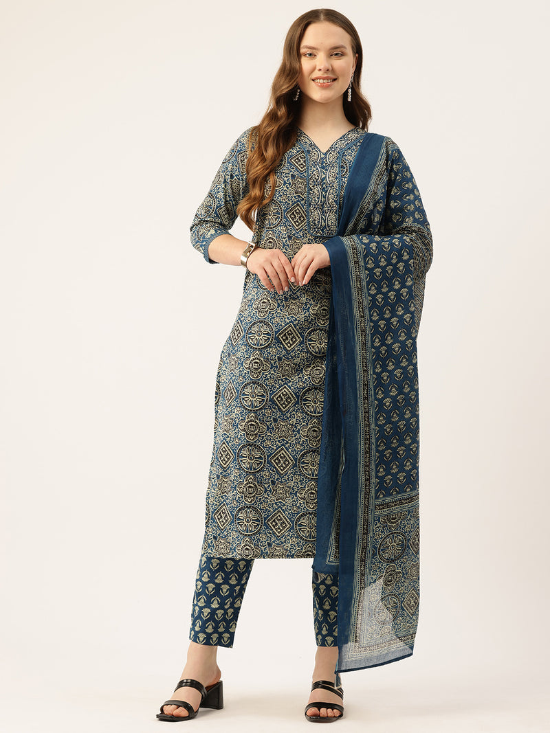 Straight Dupatta Sets - V-Neck, 3/4 Sleeves with Border Detailing, Elastic Waistband Pants with Pockets & Full-Length Dupatta (M-XXL)