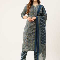 Straight Dupatta Sets - V-Neck, 3/4 Sleeves with Border Detailing, Elastic Waistband Pants with Pockets & Full-Length Dupatta (M-XXL)