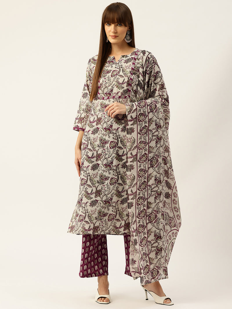 Round V-Cut Neck 3-Piece Kurta Set with Ankle-Length Pants & Full-Length Dupatta (Size S-XXL).