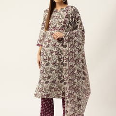 Round V-Cut Neck 3-Piece Kurta Set with Ankle-Length Pants & Full-Length Dupatta (Size S-XXL).