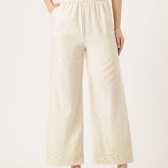 Beige Beige Palazzo|Embroidered, Flax Cotton, Sequin Detail, Ankle-Length, Single Pocket