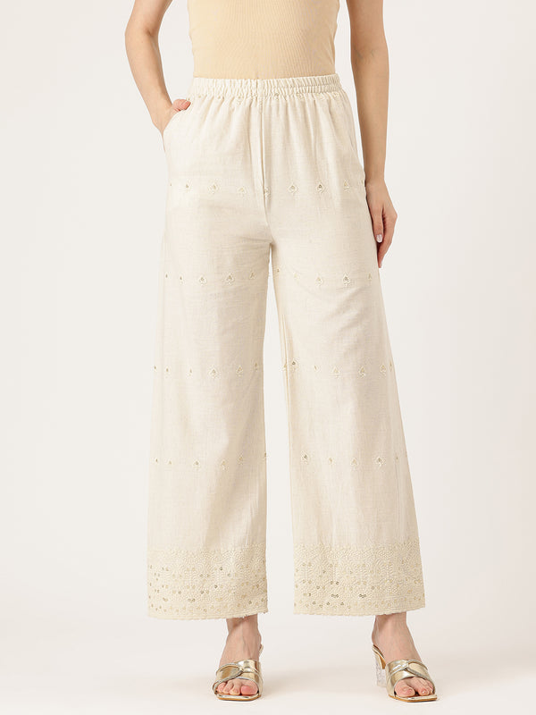 Beige Beige Palazzo|Embroidered, Flax Cotton, Sequin Detail, Ankle-Length, Single Pocket