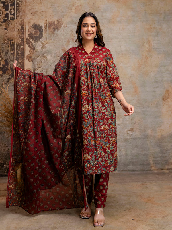 Pure Cotton Red V-Neck 3-Piece Kurta Set with Printed Dupatta