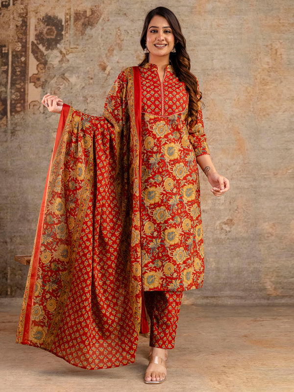 Pure Cotton Red Printed 3-Piece Kurta Set with Dupatta