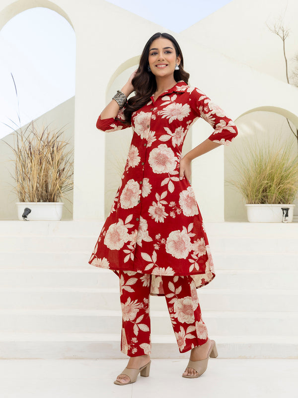 Women’s Co-Ord Set – Printed Collared Kurta with 3/4 Sleeves & Elastic Waist Pants