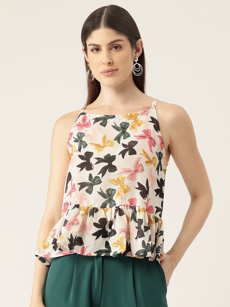 Cropped Sleeveless strap Peplum top with digital print on linen fabric.| Size- Small| Colour - White, Black, Grey, Yellow
